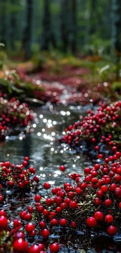 Serene forest stream with berries in natural scenery.