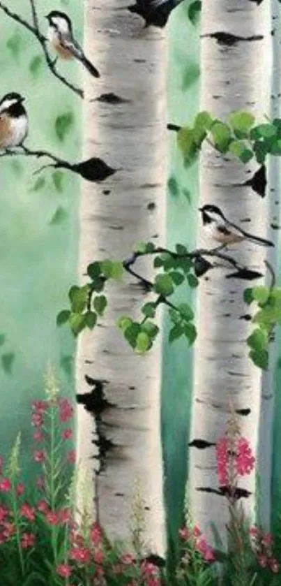 Mobile wallpaper of birds on birch trees in a forest with green and pink flowers.