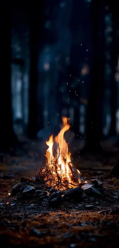Bonfire in a dark forest with glowing embers.