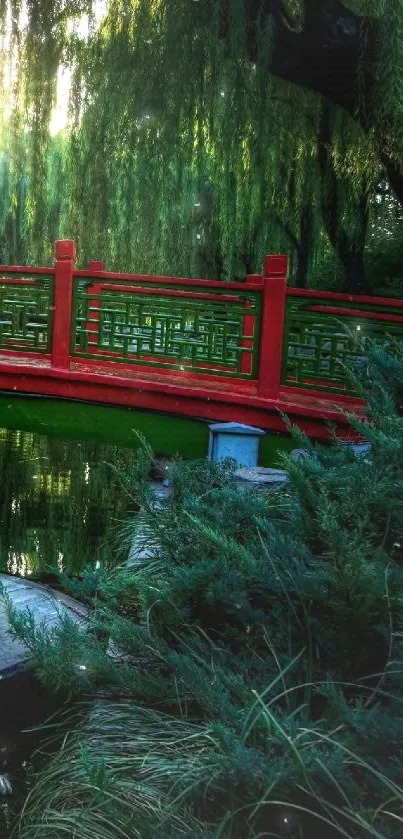 Red bridge with boat in lush forest scenery.