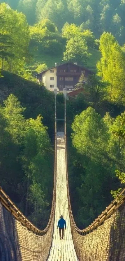 Scenic bridge leading to a house in lush green forest.