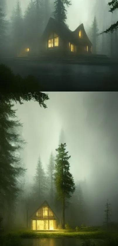 Misty forest with warmly lit cabin at night, serene and tranquil.