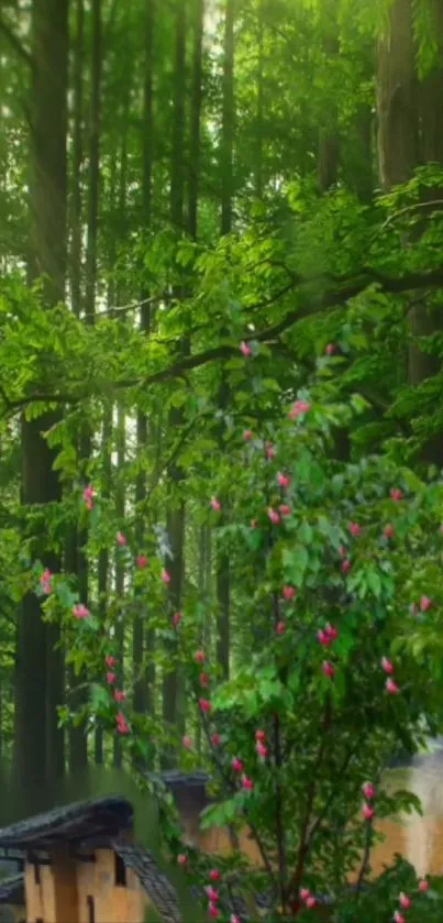 Serene cabin set in lush green forest with vibrant flowers.