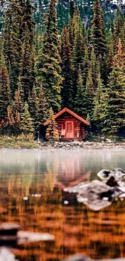 Serene forest cabin by the lake with reflections in tranquil setting.