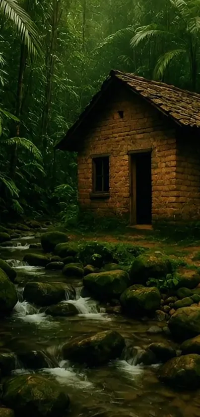 Rustic cabin by a stream in a lush green forest.