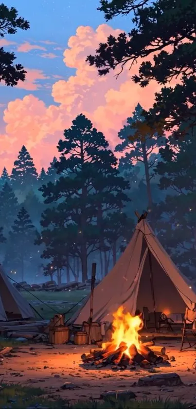 Tents by a campfire in a forest at sunset with orange sky.