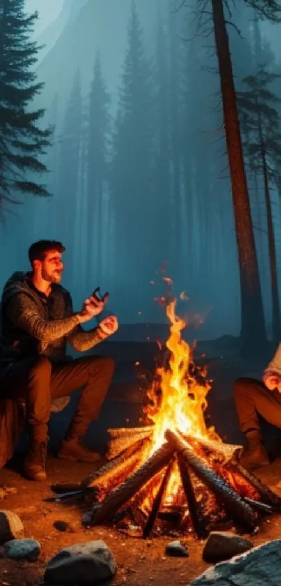 Campfire in a serene forest setting with two people, under tall trees at night.