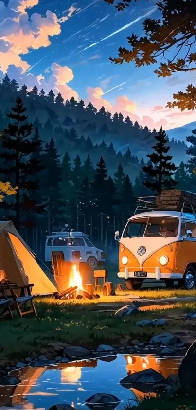 Campsite with van and campfire in a forest at sunset.