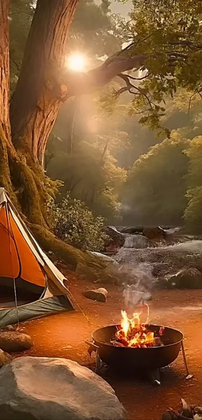 Serene camping scene with tent and campfire in a lush forest setting.