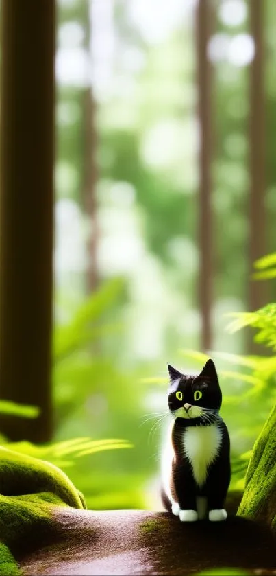 Black and white cat in serene green forest scene.