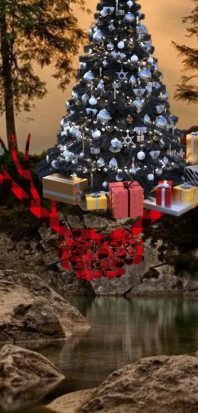 A decorated Christmas tree by a serene forest stream with gift boxes.