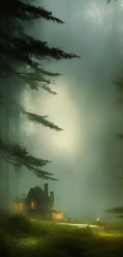 Misty forest with illuminated cottage in serene nature setting.