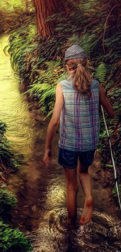 Girl walking through serene forest creek.