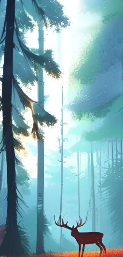 Majestic deer in serene, misty forest setting.