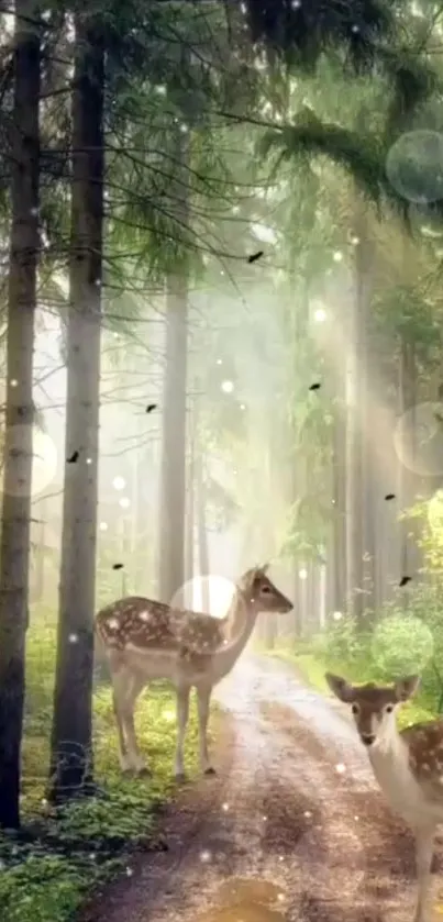 Deer on a sunlit forest path surrounded by lush greenery.