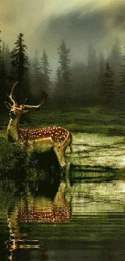 Deer standing by a forest pond with green hues.