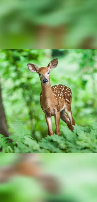 A young deer stands calmly in a lush green forest setting.