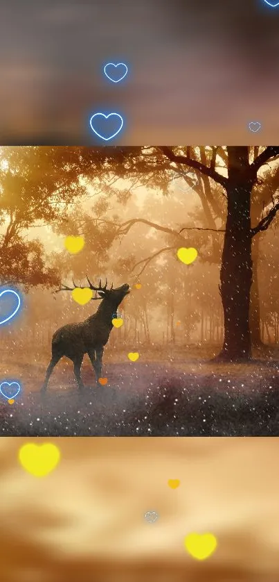 Deer in glowing forest with hearts floating.