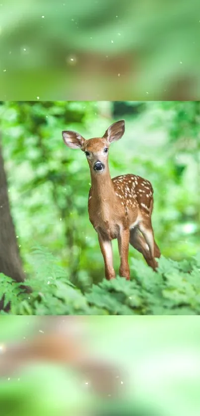 A young deer in a lush green forest setting.