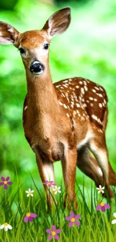 A delicate deer stands in a vibrant green forest, surrounded by lush foliage.