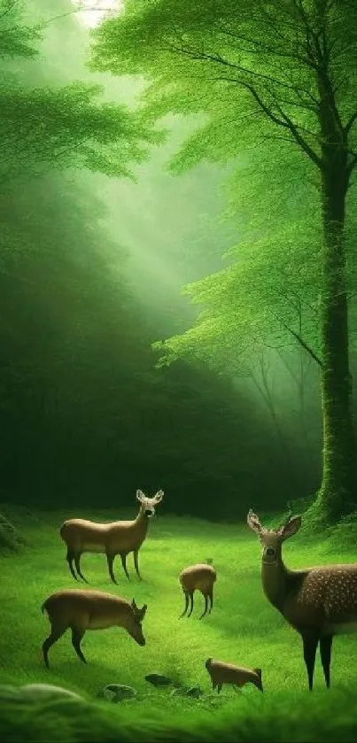 Deer in a lush green forest, lit by gentle sunlight.