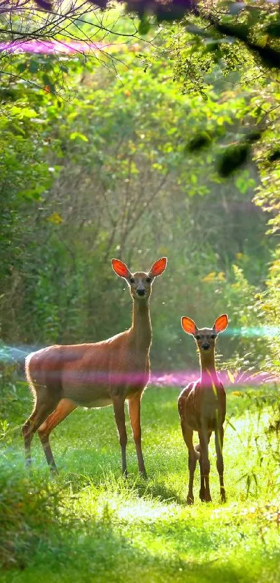 Two deer in a lush, sunlit forest clearing, creating a tranquil scene.