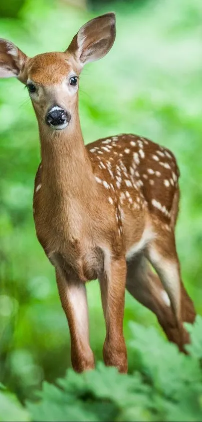 Young deer standing in green, lush forest.