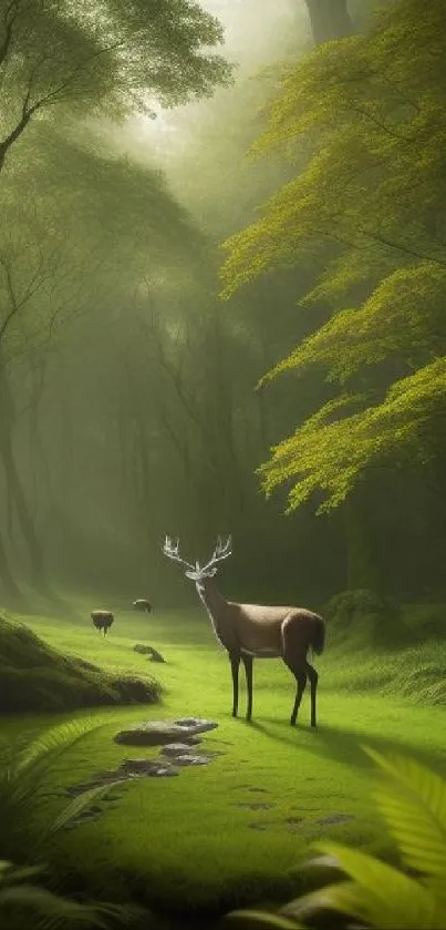 Majestic deer in a lush green forest.