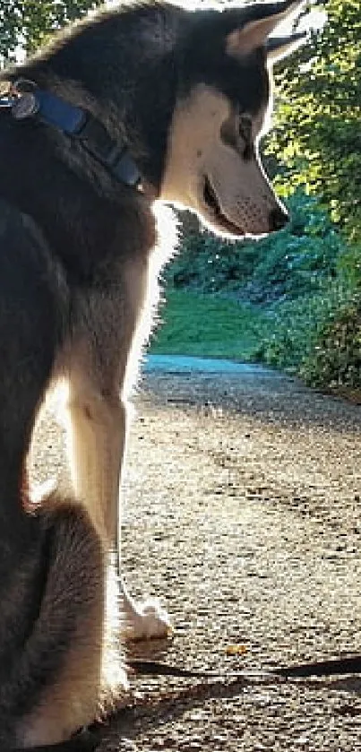 Dog on sunlit forest path, surrounded by greenery.