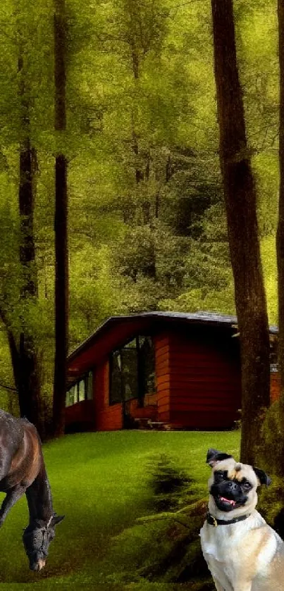 Forest with cabin, horse, and dog wallpaper.