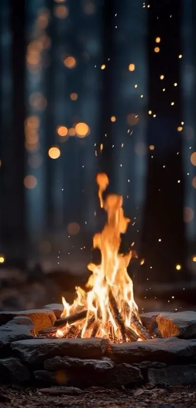 A serene campfire burning in a forest under a starry sky.