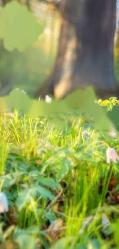 Forest floor with greenery and sunlight filtering through trees.