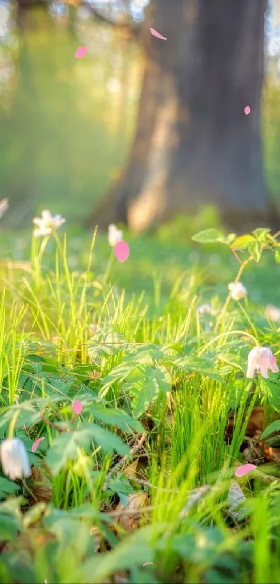 A serene forest floor with green grass and delicate flowers in sunlight.