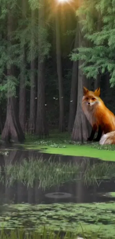 A fox by a pond in a lush green forest under sunlight.