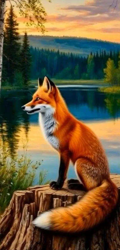 A vibrant fox sits on a stump in a serene forest by a lake at sunset.