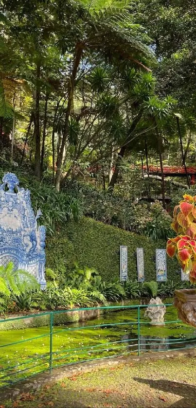 Lush forest garden with blue tiles and statues.