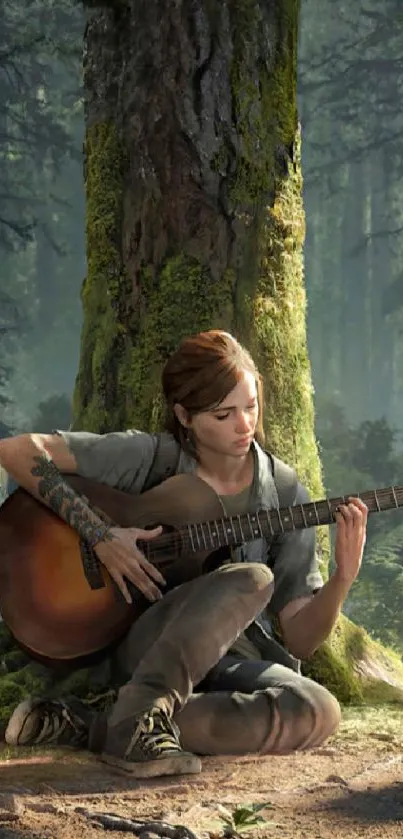 Person playing guitar under a tree in a forest.