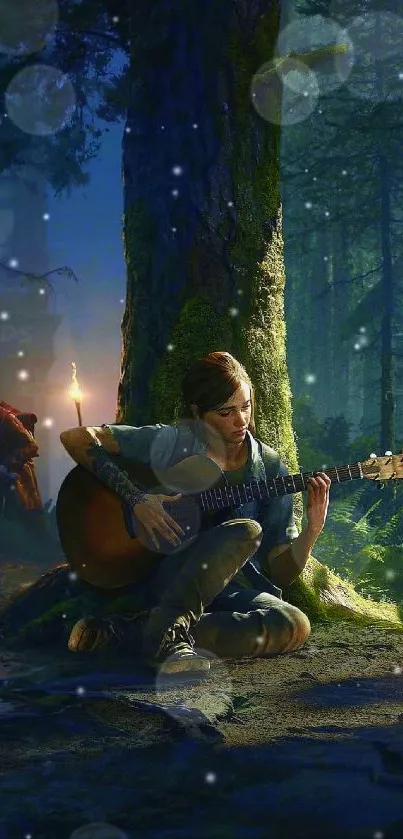 Person playing guitar in a serene forest setting under dappled sunlight.