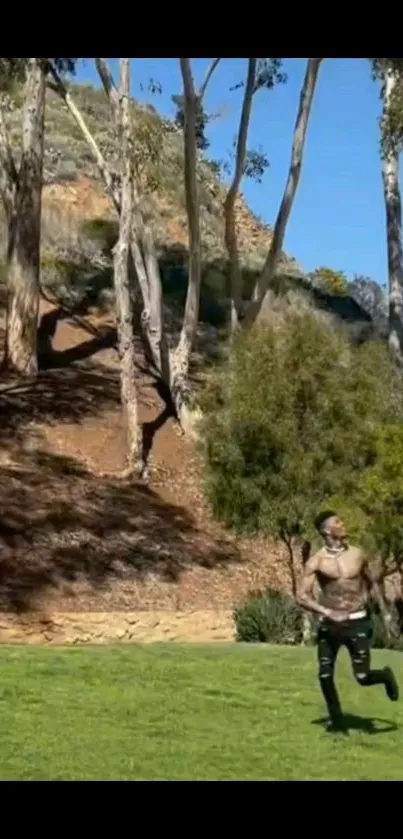 Person jogging through a scenic forest with clear blue sky.