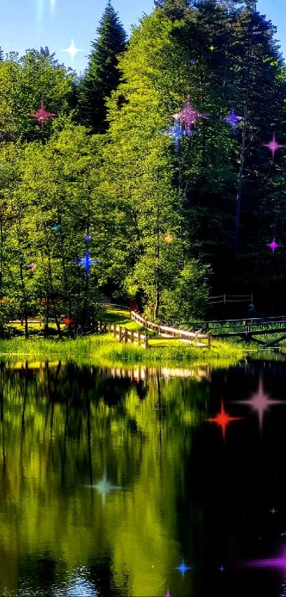 Serene forest lake with reflection and lush green trees, perfect for wallpaper.