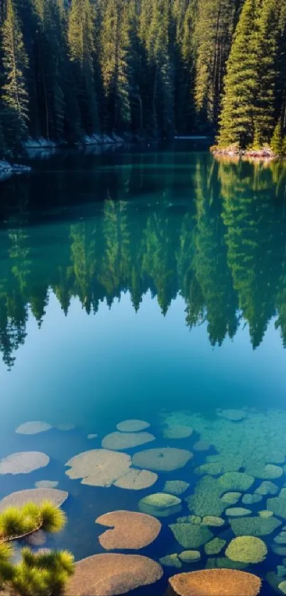 Serene forest lake with pine tree reflections and clear water.