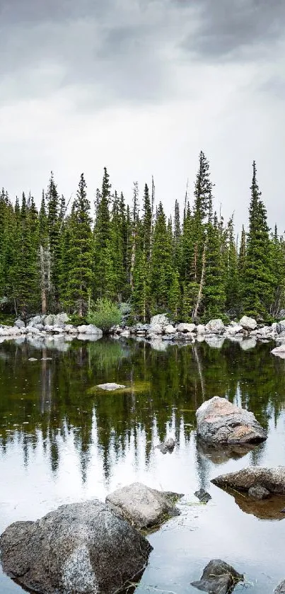 Peaceful lake with forest reflection and cloudy sky.