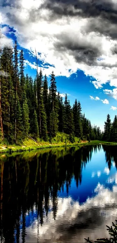 Serene forest lake reflecting blue sky and clouds.