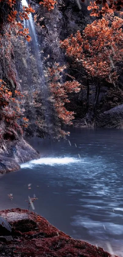 Serene lake in a forest with autumn leaves and calming water reflections.