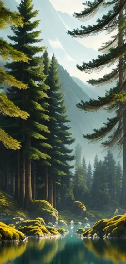 Serene forest lake with trees and mountains reflecting in calm water.