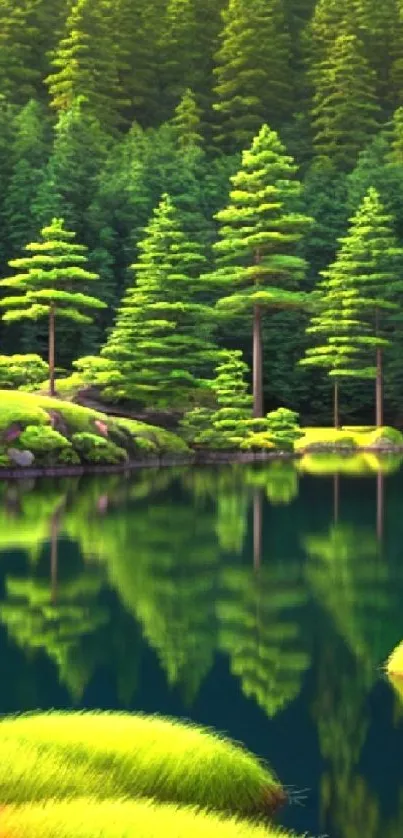 Serene forest lake with green trees and calm waters.