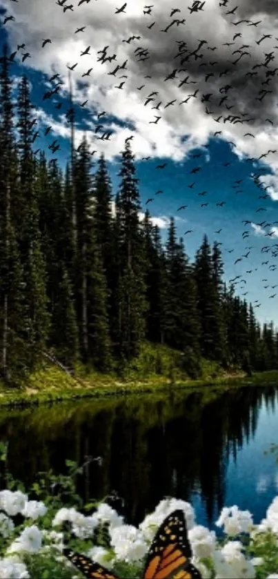 Tranquil forest lake with butterflies and birds flying under dramatic clouds.