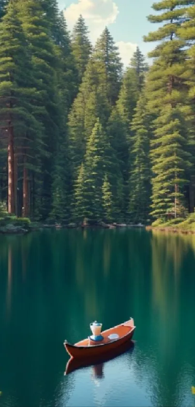 Serene forest lake with a canoe and lush pine trees.