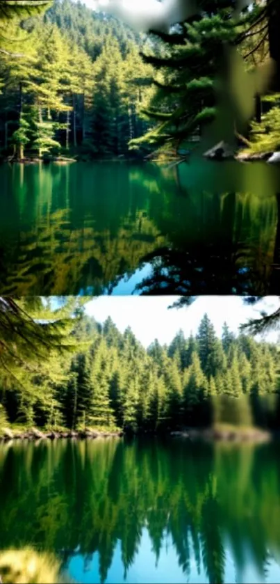 Peaceful forest and lake scenery with lush green reflections.