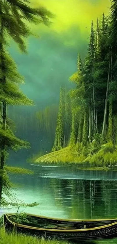 Serene forest lake with green hues and calm waters.